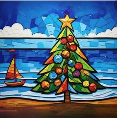 Stained glass effect Christmas tree and sailing boat