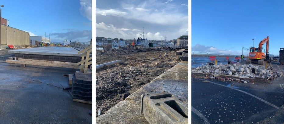 three photographs of Weymouth peninsula site works